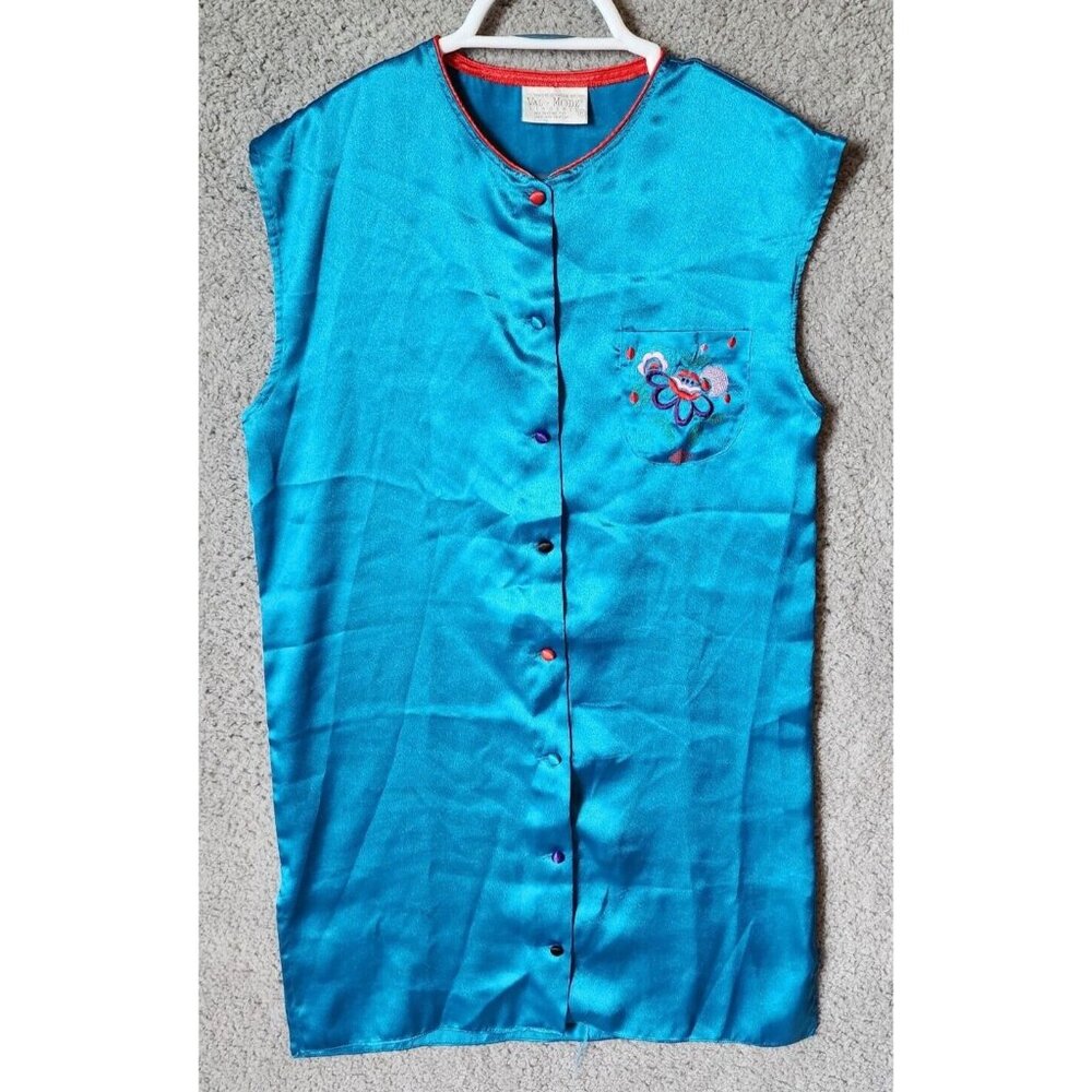Vintage Val Mode Women's Sleeveless Button Front Shirt Nightgown Blue Satin Sz P